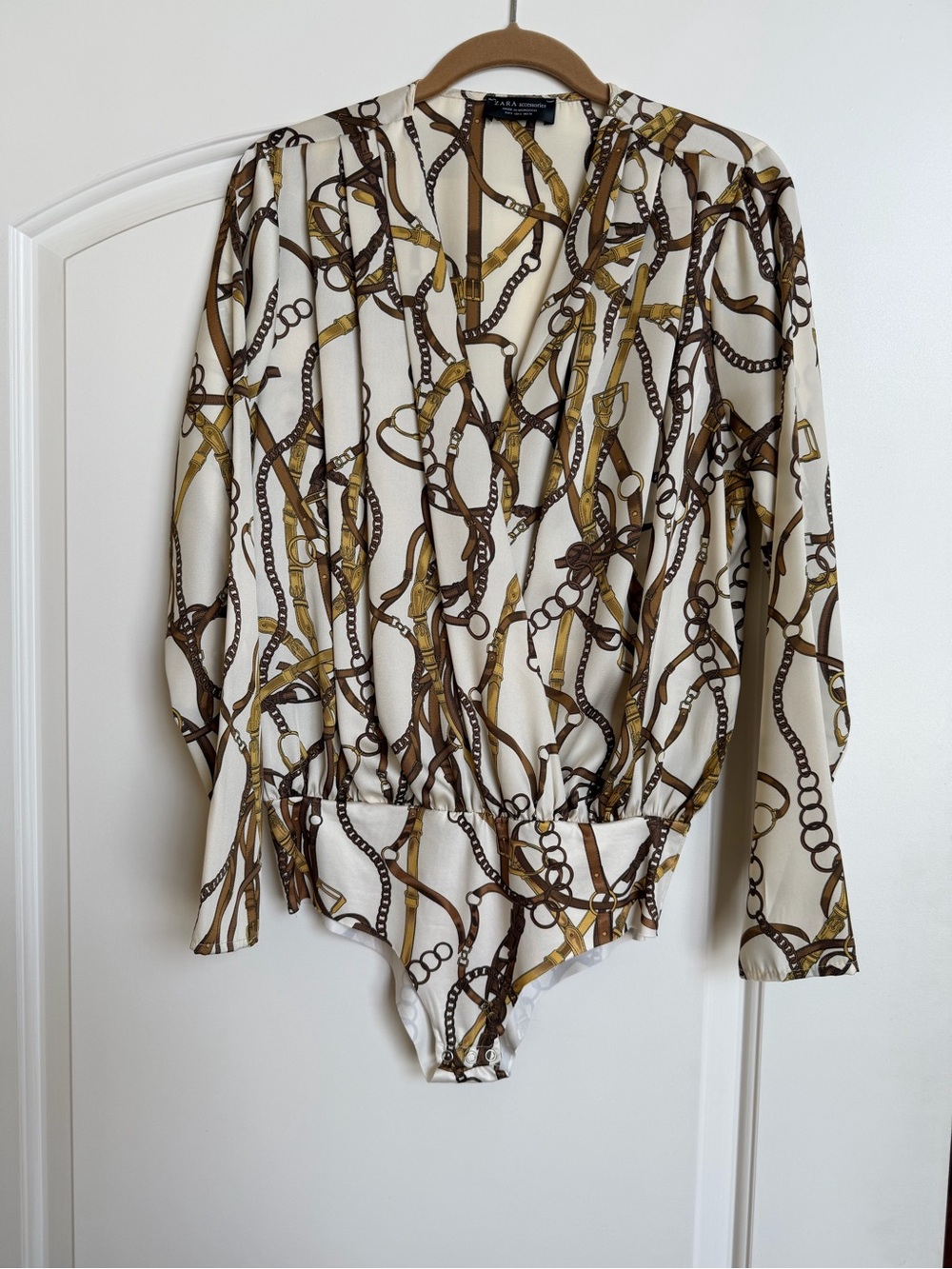 Zara Cream Bodysuit with Brown and Gold Chain Print
